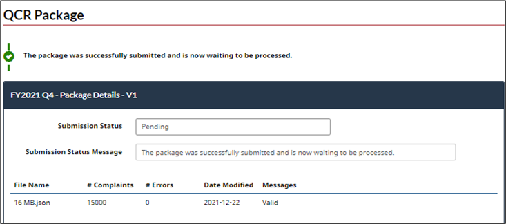 The upload page is displayed. The successful submission message appears at the top of the page, below the QCR Package header.